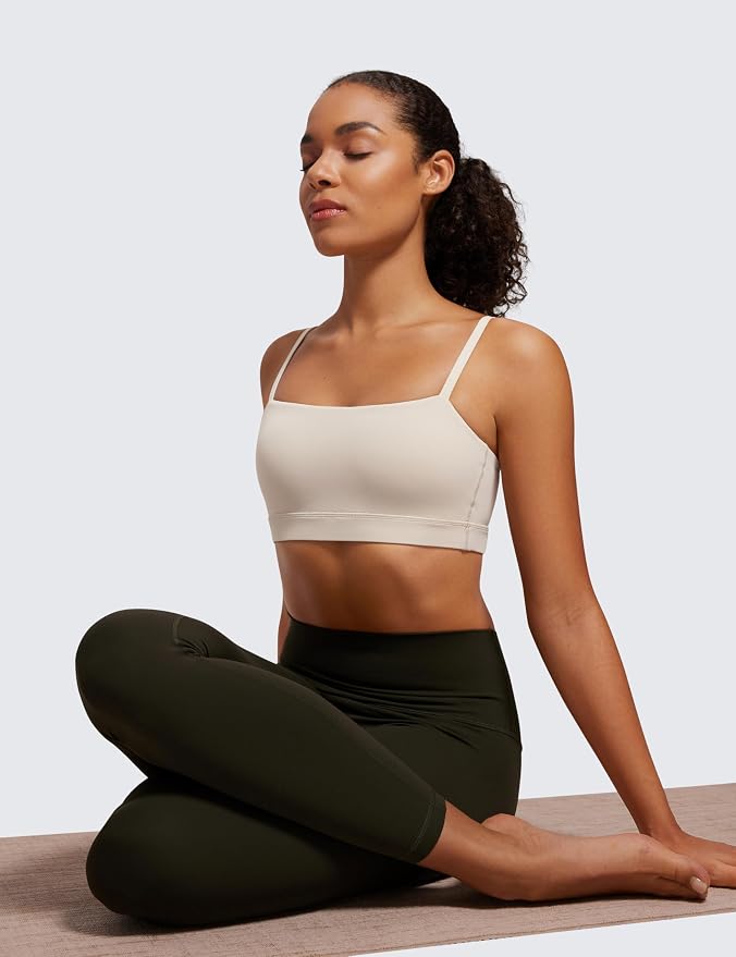 CRZ YOGA Butterluxe Womens Adjustable Spaghetti Thin Strap Sports Bra - Padded Wireless Square Neck Workout Yoga Clothes