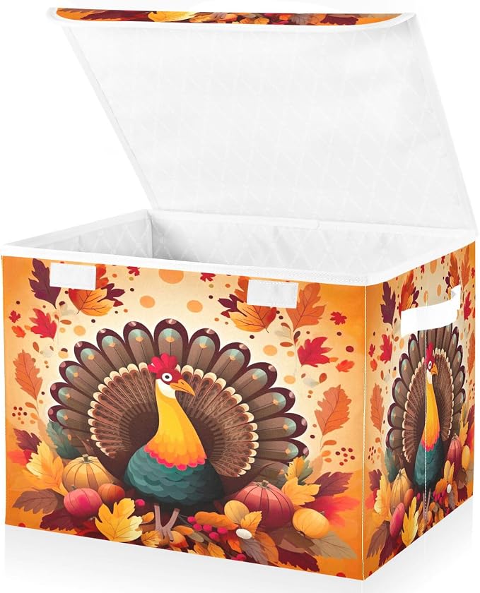 Thanksgiving Turkey Storage Bins with Lids and Carrying Handle,Foldable Storage Boxes Organizer Containers Baskets Cube with Cover for Home Bedroom Closet Office