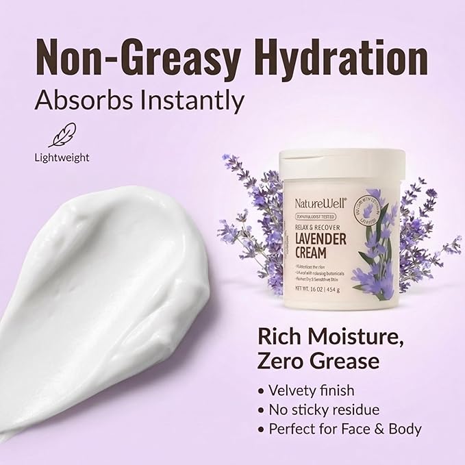 NATURE WELL Lavender Smooth & Soften Moisturizing Cream For Face, Body, & Hands, Calming & Soothing, Infused With Natural Oils & Extracts, Restores Skin Moisture Barrier, 16 Oz
