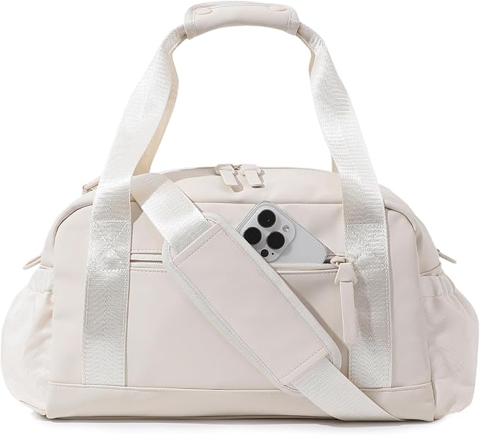 Bucosd Small Gym Bag for Women, Mini Crossbody Gym Duffle Bag with Wet Compartment, Carry on Gym Tote Bag for Workout Dance Sport Travel (Medium-Beige)