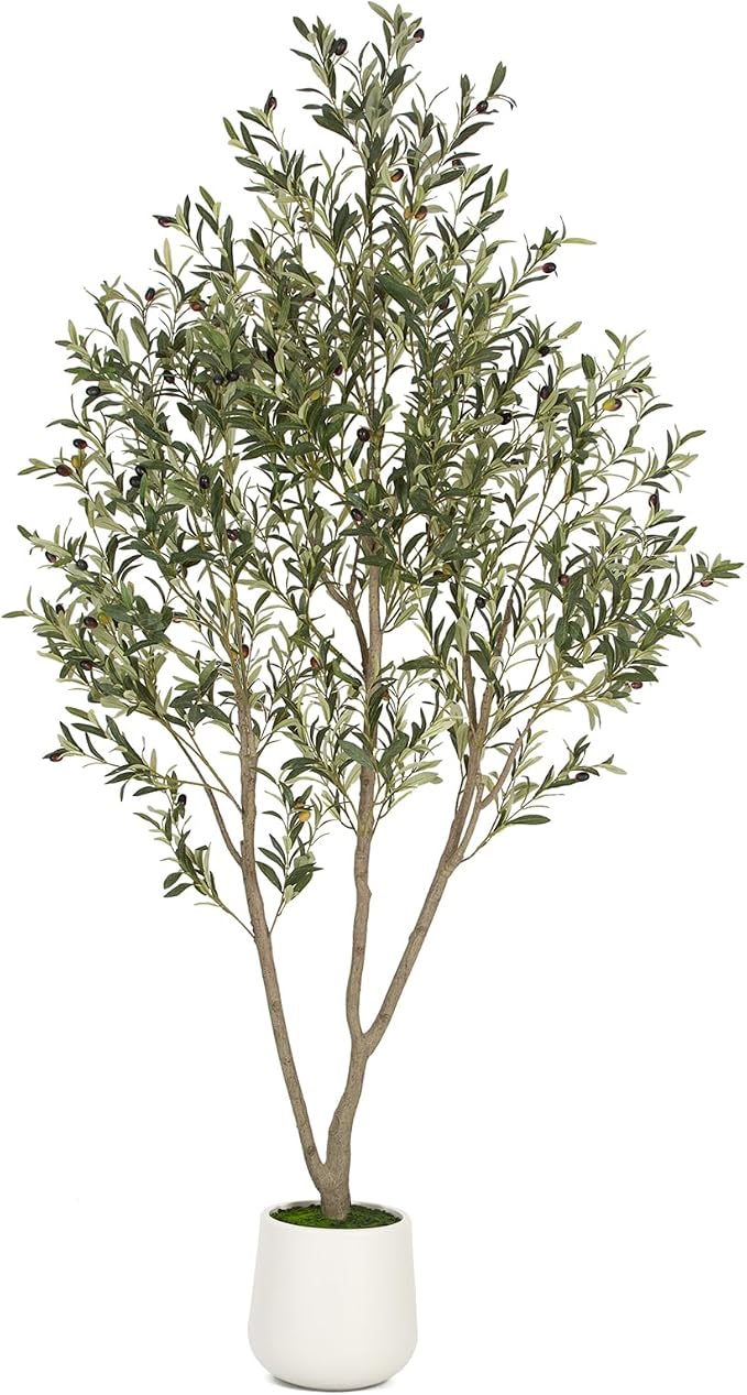 VIVATREES Olive Trees Artificial Indoor, 7FT Tall Faux Olive Tree with White Tall Planter, Artificial Plants with Natural Wood Trunk and Lifelike Fruits for Home Office Decor