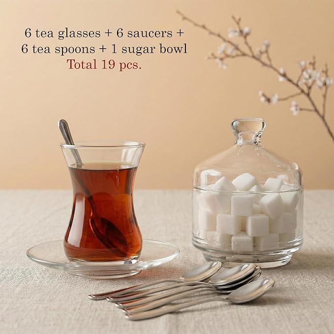 19 Pieces Turkish Tea Glasses Set Includes; 6 Glasses, Tea Cups (4.5 oz), 6 Saucers, 6 Stainless Steel Spoons and Sugar Bowl with Glass Cover (8.6 oz)