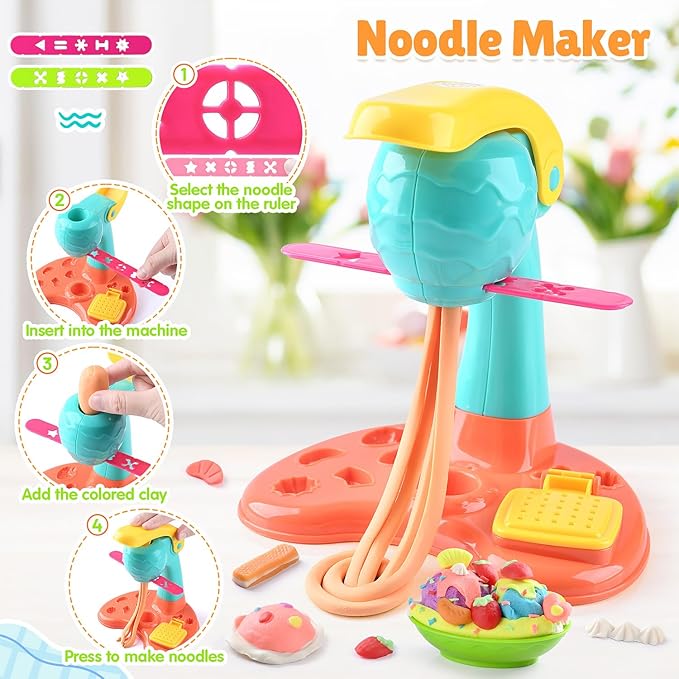 PLAY Clay Dough Set with Ice Cream Maker Machine/Noodle Maker/Banana Split Ice Cream Mold Kitchen Creations Arts Crafts Play Food Toys Tools Kit for Boys Girls Kids Toddlers Ages 3+