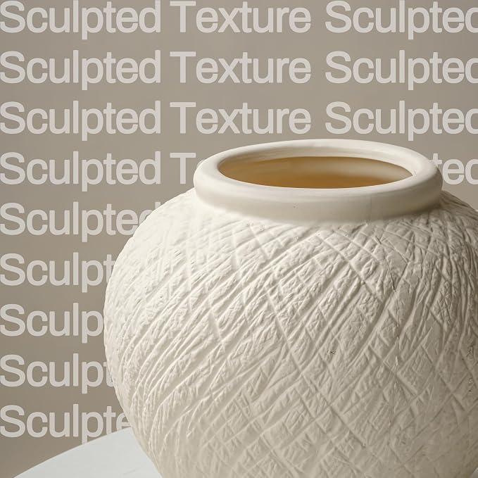 7.5in Round Ceramic Flower Vase, Modern Decorative Textured Vase Home Decor | Unique Rustic Farmhouse Terracotta Vases for Bedroom Living Room Table Centerpieces Shelf Cabinet Wedding Decorations