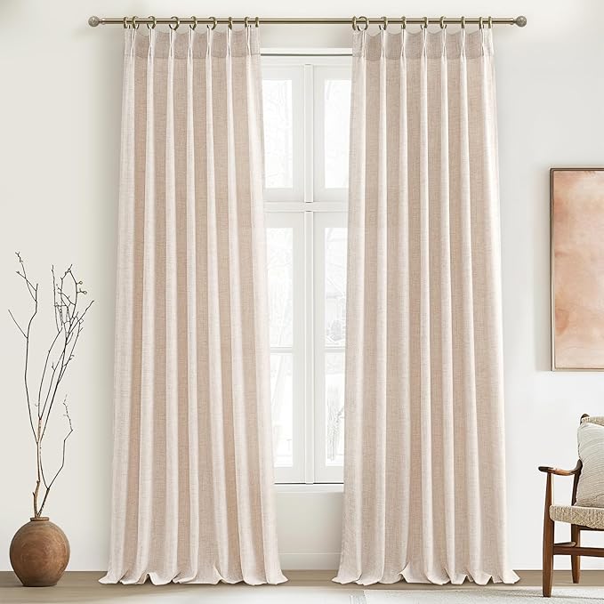 Unique Thick Natural Linen Pleat 86 Inch Curtains 2 Panels Set for Kids Bedroom, Country Farmhouse Memory Trained Pinch Pleated Burlap Light Filtering Sheer 40 x 86 Inches Length for Office with Hooks