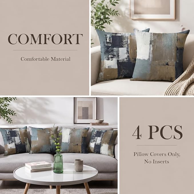 Brown Grey Abstract Throw Pillow Covers 16x16 Set of 4 | Brown, Grey & Taupe Modern‑Art Cushion Cases, neutral aesthetic pillowcases for sofa, bedroom & chair