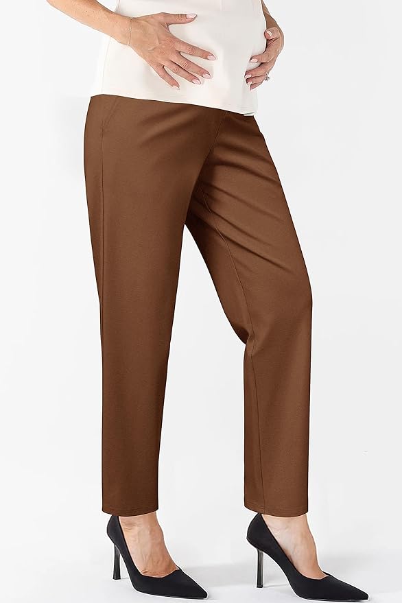 OUGES Womens Stretchy Maternity Over Belly Casual Work Straight Leg Pants Ankle Business Office Trousers with Pockets