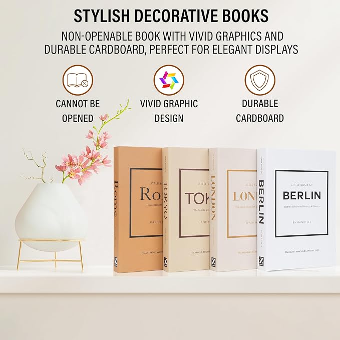 4 Pcs Decorative Books | Faux Mocha Coffee Table & Shelf Decor | Warm Modern Look for Living Room, Office and Entryway - Not Real, Tool-Free 2-Min Setup