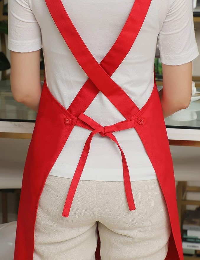 NEWGEM 100% Cotton Cross Back Apron for Women with 2 Pockets - Adjustable Button Straps Pinafore, No Neck Pain Kitchen Chef Apron for Cooking, Catering, Housewife (Red)