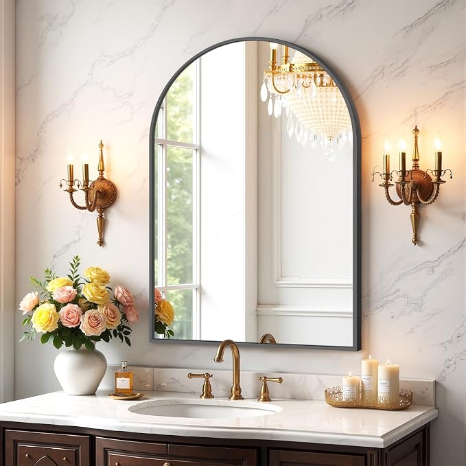 Bathroom Mirror for Wall, 30x20 Inch Arched Mirror, Matte Black Metal Framed Bathroom Vanity Mirrors for Restroom Farmhouse, Anti-Rust, Tempered Glass, Hanging or Leaning