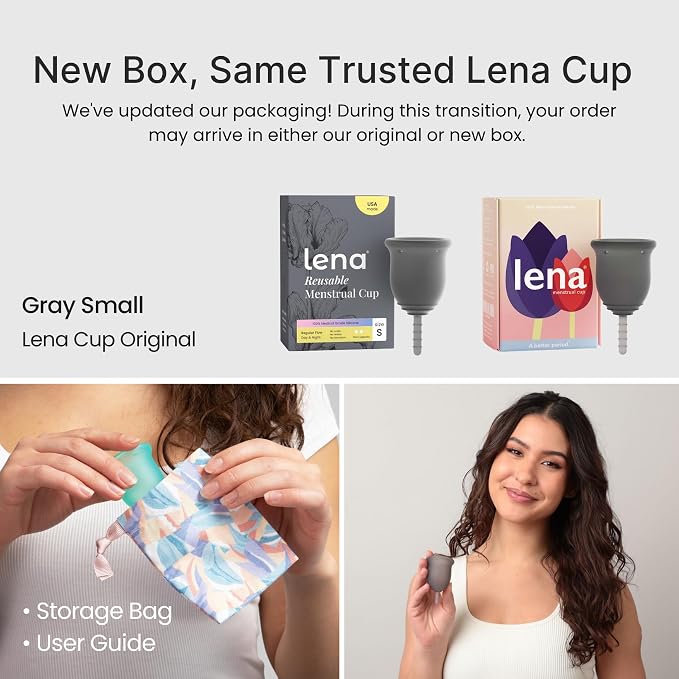 Lena Menstrual Cup Original - Soft Medical-Grade Silicone Period Cups for Women Light and Medium Flow, Reusable 12-Hour Leak-Free Comfort, Beginner-Friendly Feminine Care - Small, Gray