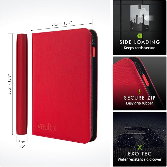 Vault X 9 Pocket Zip Binder, 360 Cards, Exo-Tec Material, 20 Side-Loading Pages (Red)