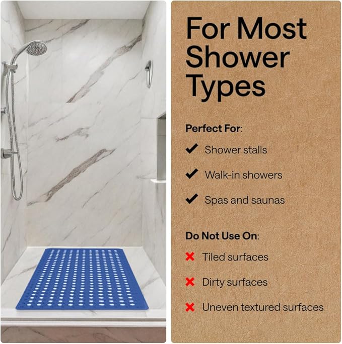 GORILLA GRIP Patented Square Shower Stall Mat, Small Bathtub Floor Mats for Stand Up Showers, Suction Cups, Drain Holes, Machine Wash, Soft on Feet, Bathroom Accessories 21x21 Inch, Royal Blue Opaque