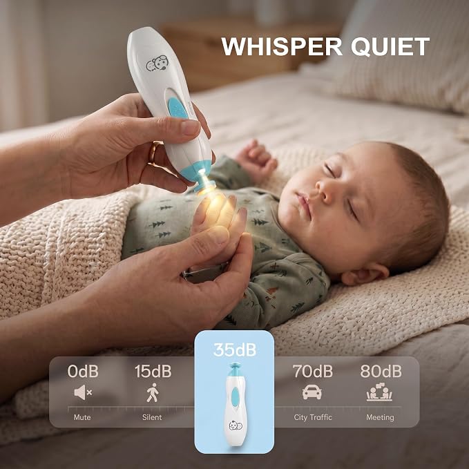 Royal Angels Upgraded 6 in 1 Baby Nail Trimmer with Labeled Case, 4 Colored Pads for Newborns to Toddlers, Whisper Quiet Electric Nail File with LED Light, Safe Manicure Set for Families (Babyblue)
