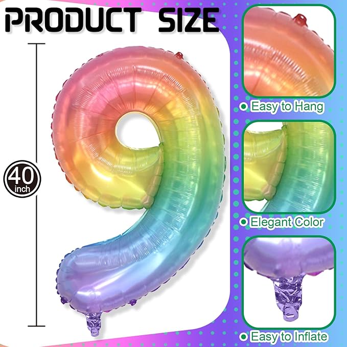 Big Number 9 Balloons, Rainbow Colorful Foil 9 Balloon Numbers 40 Inch, Giant 9th Birthday Party Decor, Pastel Multicolor Mylar Helium Self Inflating Balloon for Kids Birthday Anniversary Decorations