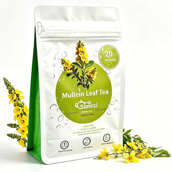 Samcci - Mullein Tea Bags, 20 Teabags, 3g/bag, 100% Pure Mullein Tea Bags for Lungs Cleanse, Natural Herbal Tea Bags, Caffeine Free & No Additives Mullein Leaf Tea for Detox & Respiratory Support