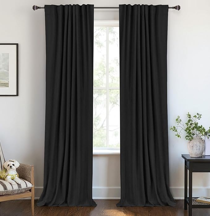 100% Blackout Shield Linen Blackout Curtains for Bedroom 84 Inches Long, Back Tab/Rod Pocket Living Room Drapes, Thermal Insulated Blackout Curtains 2 Panels Set, 42" W x 84" L, Black