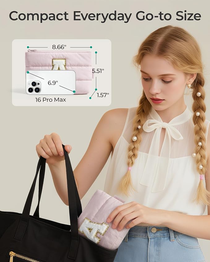 BAGSMART Personalized Makeup Bag with Initial, Pink Small Cosmetic Travel Organizer, Water-Resistant Pouch for Women & Teens for Bridesmaid Graduation (Initial-E, Small)