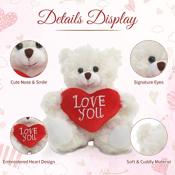 Plush Stuffed Animal Cream Heart Bear – Love You Bears- Toy for Kids & Adults Valentine's Day - Embroidered Heart Pillow (6 Inch, Cream Love You)