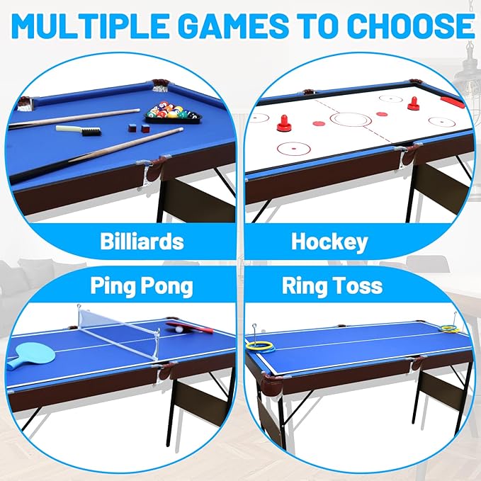 54" Folding Pool Table, 4 in 1 Multi Game Table, Folding Portable Billiards Game Table Set with Ping Pong, Hockey, Pool, and Ringtoss, for Indoor, Game Room, Office