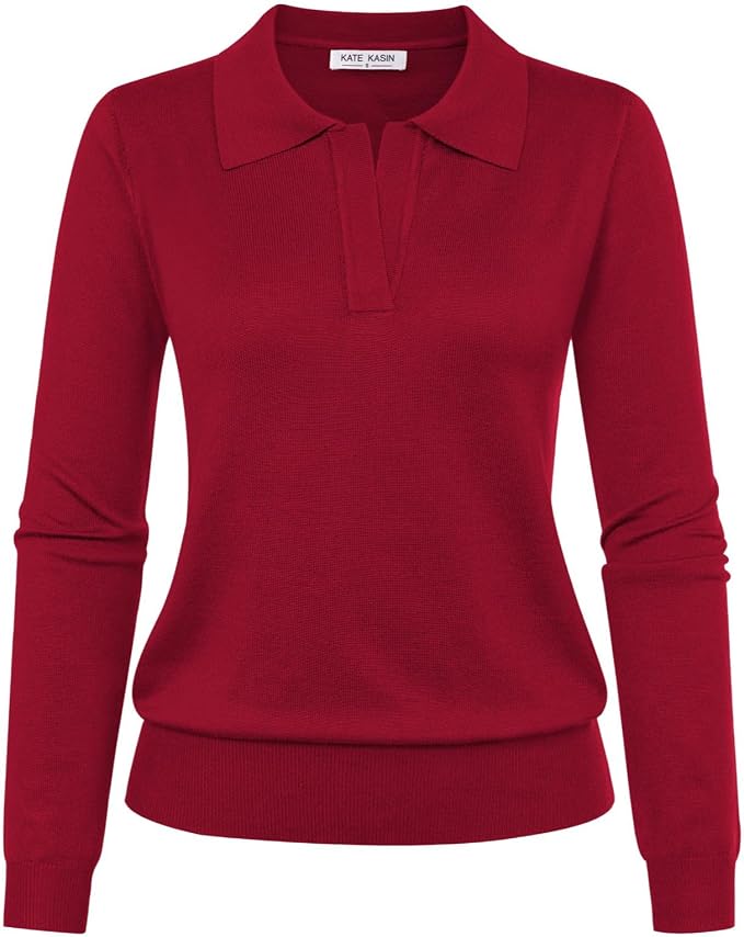 Women's Long Sleeve Classic V Neck Casual Fall Winter Polo Sweater Tops | Basic Collared Knitted Fashion Work Business Formal Daily Wear Versatile Pullover Shirts