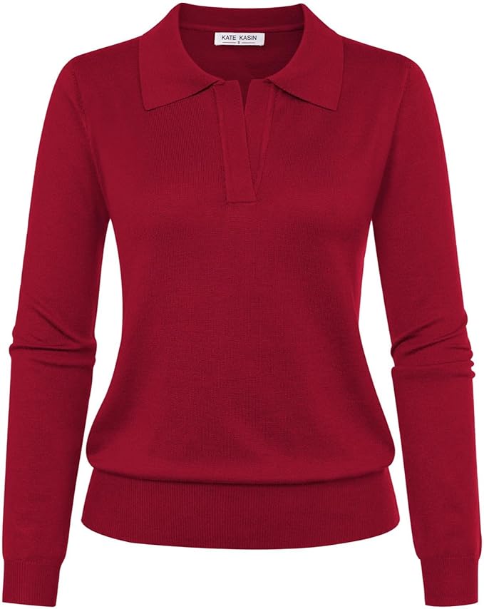 Women's Long Sleeve Classic V Neck Casual Fall Winter Polo Sweater Tops | Basic Collared Knitted Fashion Work Business Formal Daily Wear Versatile Pullover Shirts