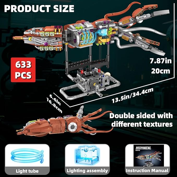 Mechanical Squid Building Set with Lights, Rotatable Link Components & Display Stand, STEM Building Set for Boys and Girls 8-14, Home Office Decor for Adults, Mechanical Enthusiasts（633PCS）
