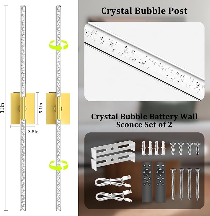 Battery Operated Wall Sconces Set of 2, 10000mAh, Gold Bubble | crystal inspired bubble wall lamp wireless, Remote control & 360° Rotate, for Bedroom Living Room Mirror Decor