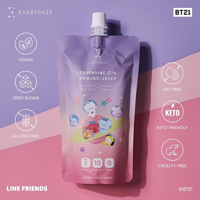 EVERYDAZE BT21 Essential C’s Konjac Jelly | Yogurt | Plant-Based Collagen Booster | Gluten Free, Sugar Free, Low Calorie | Healthy Drinkable Fruit Snack | 10 Pack Box Food Drink Pouch