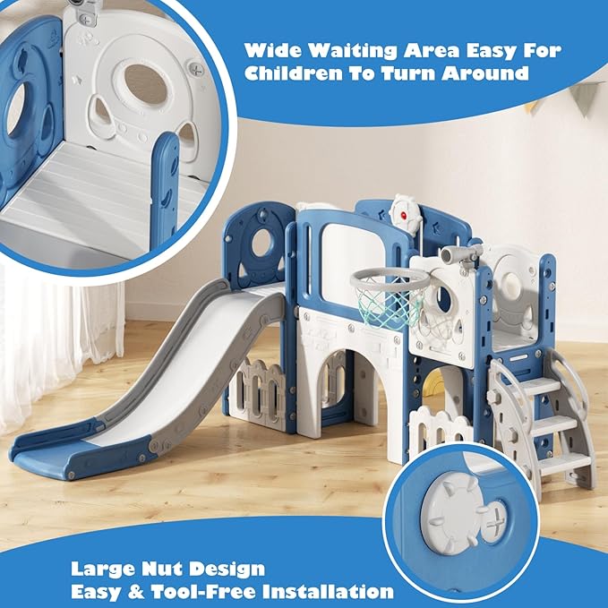 Glaf 9 in 1 Toddler Slide Outdoor Playset Playground Baby Kids Indoor Slides for Toddlers 1-3 with Climber Basketball Hoop Drawing Board and Storage Space (Blue)