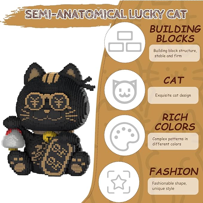 Black Lucky Cat Building Blocks Set Mirco Animal Model kit Gift for Adult and Kids 7900 Pieces