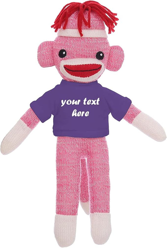 Personalized Huggable Pink Sock Monkey 8 Inch Plush Stuffed Animal Gift - Custom Text on Shirt - Perfect for Valentine's Day, Halloween, Graduation Day, Birthday Present