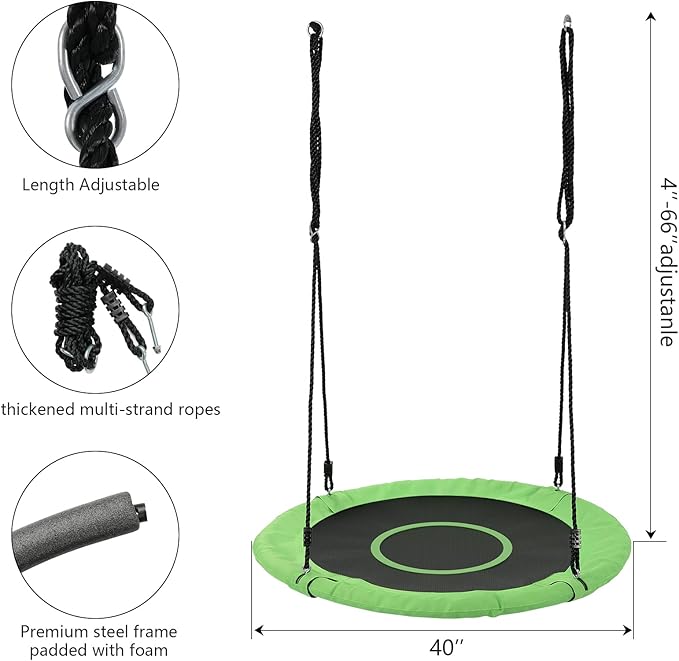 Tree Swings for Kids Outdoor, 40 Inch Diameter 600lb Weight & Adjustable Hanging Ropes Tree Swings, Great for Playground Swing, Backyard and Playroom(Green)