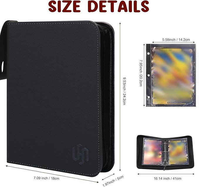 Jumbo Card Binder, HYMENEX 80 Pockets Trading Card Binder with 40 Removable Double Sided Jumbo Cards Sleeves and Zipper for Oversized Cards - Portable & Lightweight 5.4" x 7.5" (Size L)