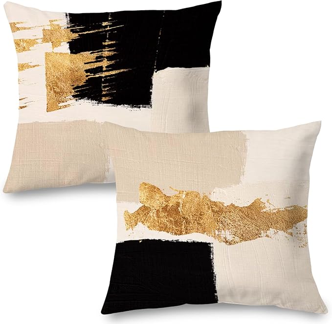 Black Beige and Gold Abstract Pillow Covers 22x22 Double-Sided, Mid Century Modern Decorative Throw Pillow Covers for Living Room Bedroom, Modern Home Decor, Black and Gold Decor, Set of 2
