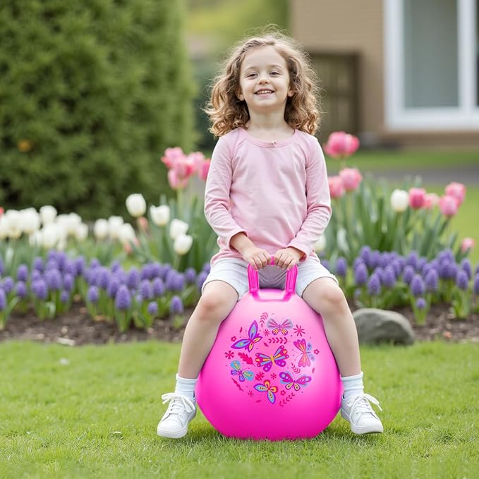 PlayZap Hopper Ball for Kids 6-12,20 Inch Pink Bouncy Ball with Handle, Inflatable Hippity Hop Bounce Hopping Toys Indoor Outdoor for Boys Girls Gifts, Butterfly