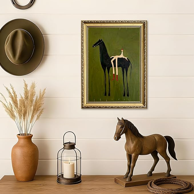 Gold Framed Abstract Horse Wall Art, Modern Western Horse Wall Decor Painting Vintage Southwestern Cowboy Canvas Prints Picture for Living Room Bedroom Farmhouse 12x16 inch
