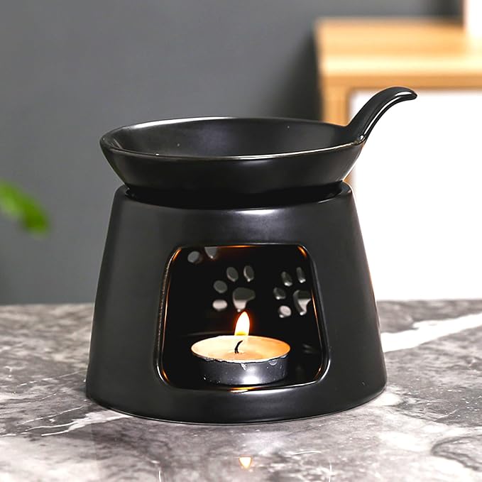 Black Ceramic Essential Oil Burner for Scented Oil,Tealight Wax Melt Warmer,Candle Diffuser,Tea Light Holder,Wax Melt Burner,Yoga Aromatherapy Fragrance Diffuser for Living Room,Bedroom,Office,4*5 IN