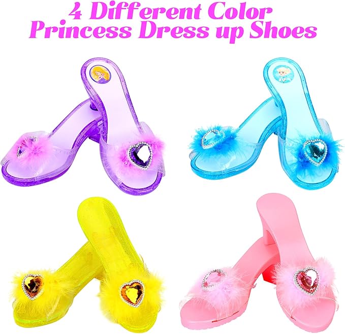 Princess Dress Up Shoes Set, Girls Role Play Dress Up Toys, Toddler Pretend Jewelry Boutique Kit Gift Set for Little Girls Aged 3-6 Years Old, 4 Pairs of Shoes Kit Include Princess Accessories
