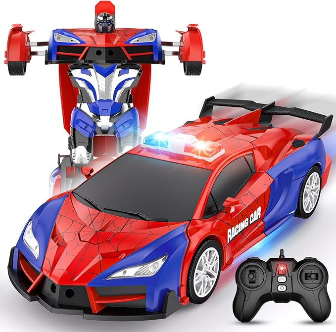 Remote Control Car for Boys 8-12 4-7, 2.4GHz RC Car 1:18 Scale, One-Button Transforming Toy with 360° Spins, LED Lights