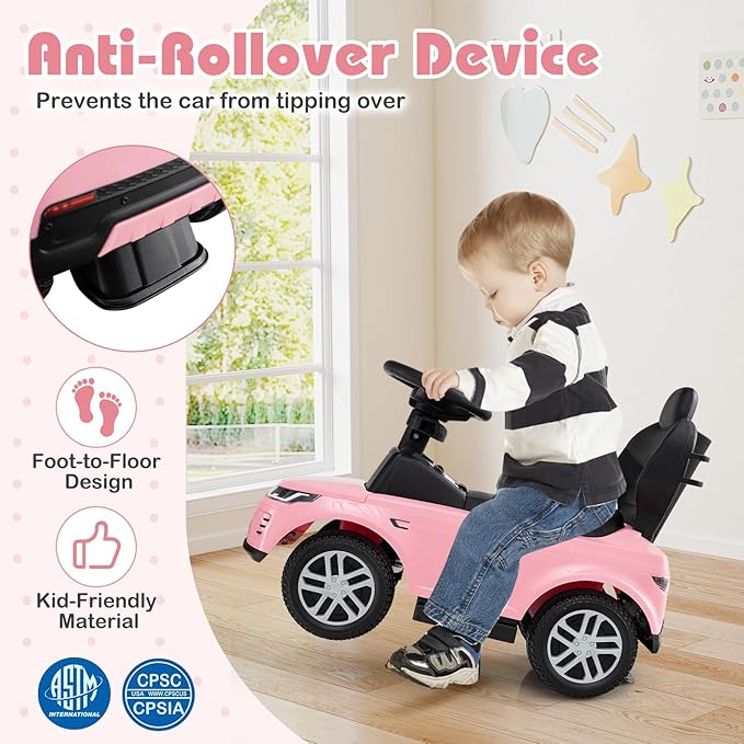Costzon Push Car for Toddlers, 3 in 1 Land Rover Discovery Stroller Sliding Walking Car with Handle, Horn Sound, Underneath Storage, Armrest Guardrail, Foot-to-Floor Ride On Toy for Boys Girls (Pink)