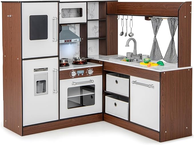 Costzon Kids Kitchen Playset, Toddler Pretend Toy Cooking Set w/Real Lights & Sounds, Sink & Faucet, Ice Maker, Microwave, Oven, 18 Cooking Accessories, Corner Play Kitchen for Kids Ages 3+ (Coffee)