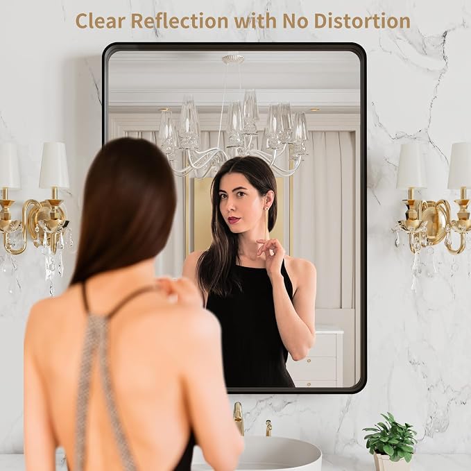 LOAAO 20X16 Inch Black Bathroom Mirror Metal Framed | Matte Black, Rounded Rectangle, Anti-Rust, Hangs Horizontally or Vertically