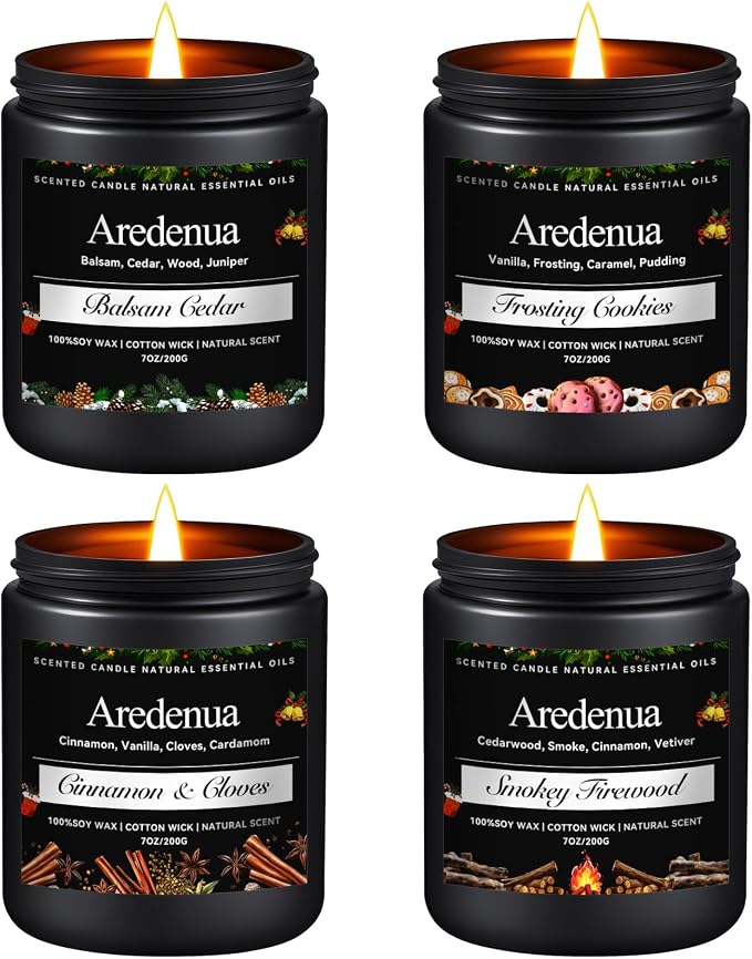 Winter Candles Set | 4 Pack Holiday Scented Candles - Cozy Winter Soy Candle Scents of Balsam Cedar/Firewood/Cinnamon & Cloves/Cookies - Holiday Aromatherapy Candle Gifts for Women Men