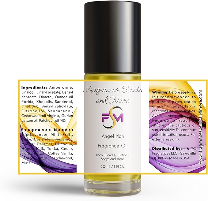 Angel Man Perfume/Body Oil - 3 Bottles 1 Fl Oz Glass Roll On (30ml)