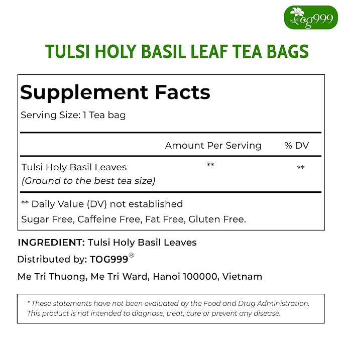 TOG999, Premium 120 Holy Basil Leaf Tea Bags, 100% Natural & Pure Holy Basil Leaves. Loose Leaf Holy Basil Herbal Tea. Holy Basil Leaf Tea. No Sugar, No Caffeine, No Gluten, Vegan.