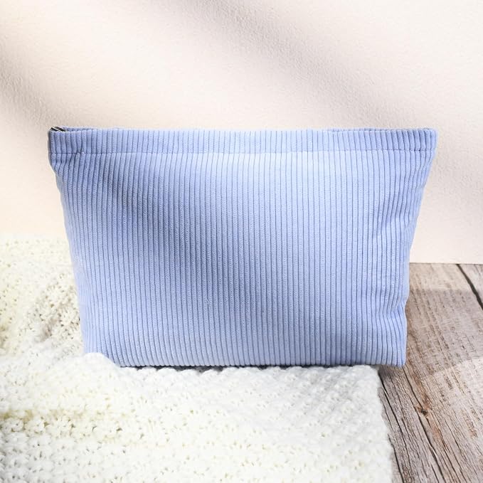 SOIDRAM 2 Pcs Corduroy Makeup Bag Large Cosmetic Bag Toiletry Bag Makeup Pouch Travel Bag Organizer Cute Makeup Brushes Aesthetic Accessories Storage Bag for Women Blue