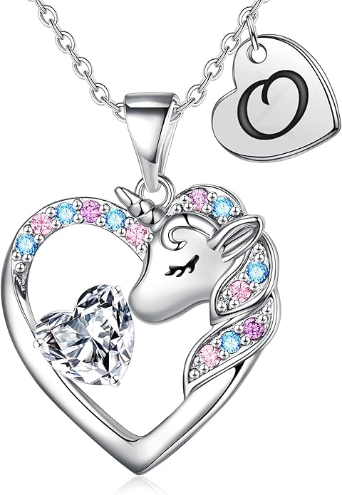 Unicorn Necklace Gifts for Girls Kids - Colorful CZ Heart Initial Necklaces Unicorn Necklace for Girls Jewelry Birthday Gifts for Little Girl Kids