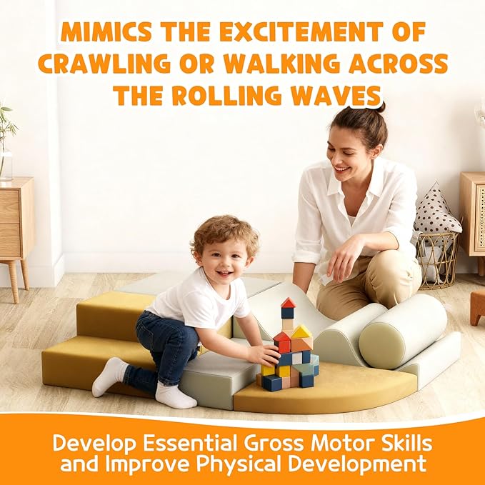 IDEALHOUSE Toddler Climbing Toys, 6 Pieces Soft Foam Blocks for Toddlers, Lightweight Foam Climbing Blocks for Crawling & Sliding，Easy Clean Indoor Active Play for Kids, Yellow