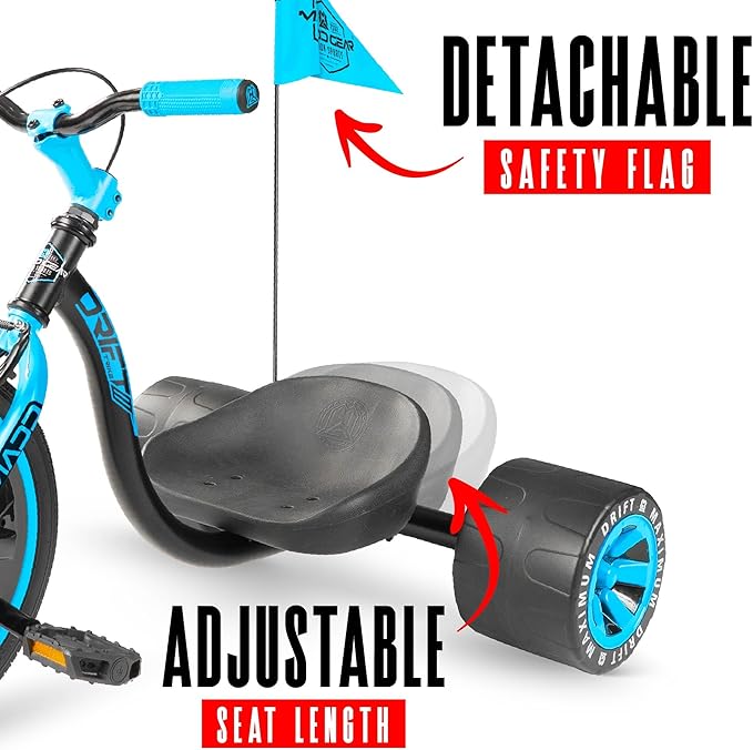 Drift Trike for Kids Ages 5+ – 16" Front Wheel Ride-On with Adjustable Seat, Steel Frame, Rear Slick Drift Wheels & Safety Flag – Madd Gear - (Black Blue)